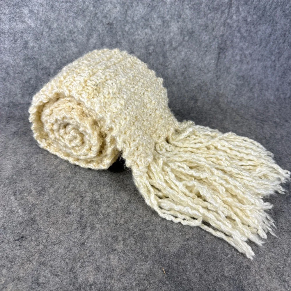 Handmade Cream Ivory Chunky Knit Scarf with Tassel Fringe Boho Winter Accessory